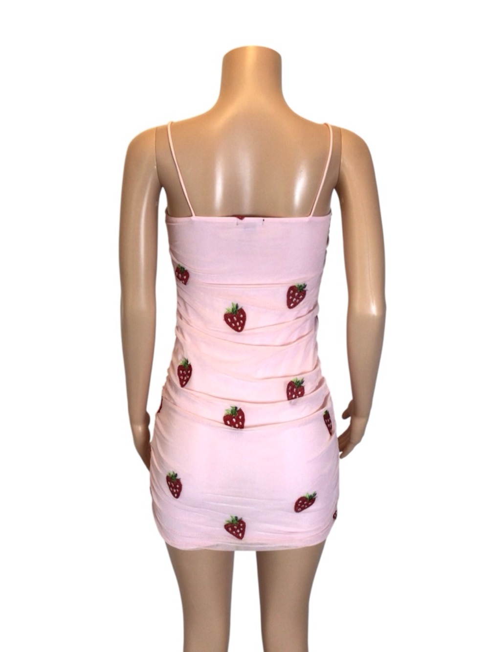 NWOT Rue21 Strawberry Mesh Ruched Mini Dress Pink Kawaii Sheer Overlay Stretch M - Picture 5 of 7